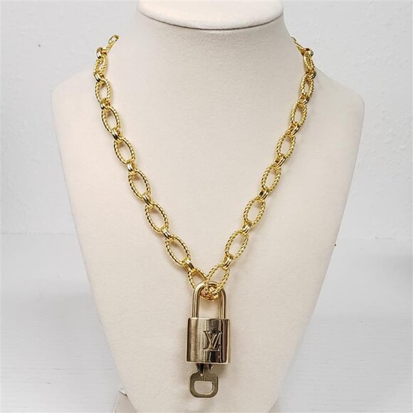 Authentic Louis Vuitton Gold Padlock w/ unbranded Geometry Stainless Steel Chain - Picture 1 of 14